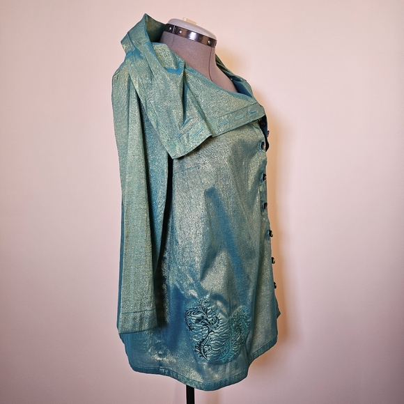 Custom handmade teal and gold metallic thread fabric tent buttoned blouse 12 US - Picture 4 of 7